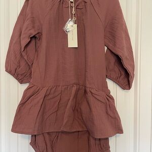 Quincy Mae Lany Dress in Fig. Includes matching bloomers. Organic cotton